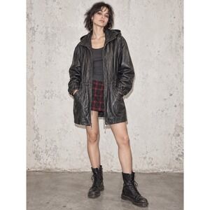 Wilsons Leather Jacket 90s Removable Hood Drawstring Waist Quilted Lined Coat